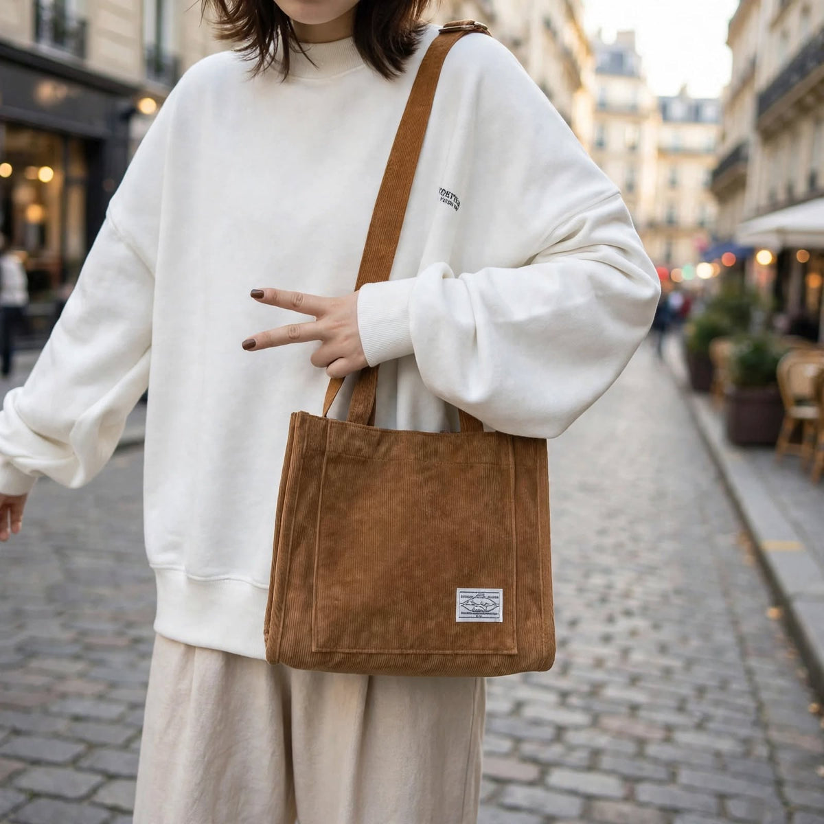 Sac à Bandoulière Femme en Velours Côtelé – Fourre-Tout Décontracté