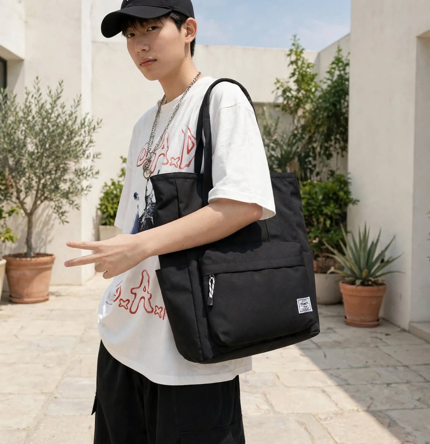 Sac noir de cours Fourre-Tout Grande Capacité en Polyester – Sac à Bandoulière Multi-Usage