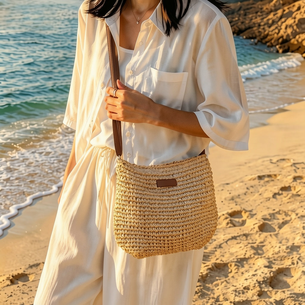 Sac à Bandoulière Femme en Paille Tressée – Style Bohème Chic d’Été